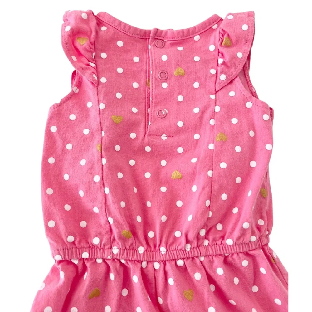 Carter's Pink & White Polka Dot Ruffle Romper w/Gold Hearts, Baby Girl 9 Months